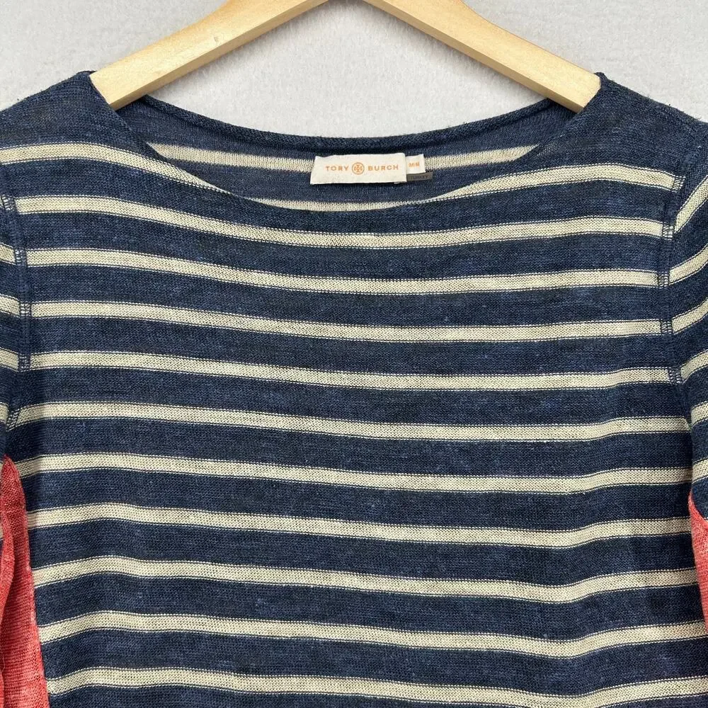 TORY BURCH Sweater M Linen Blend Striped Side Panel Boat Neck Pullover Blue